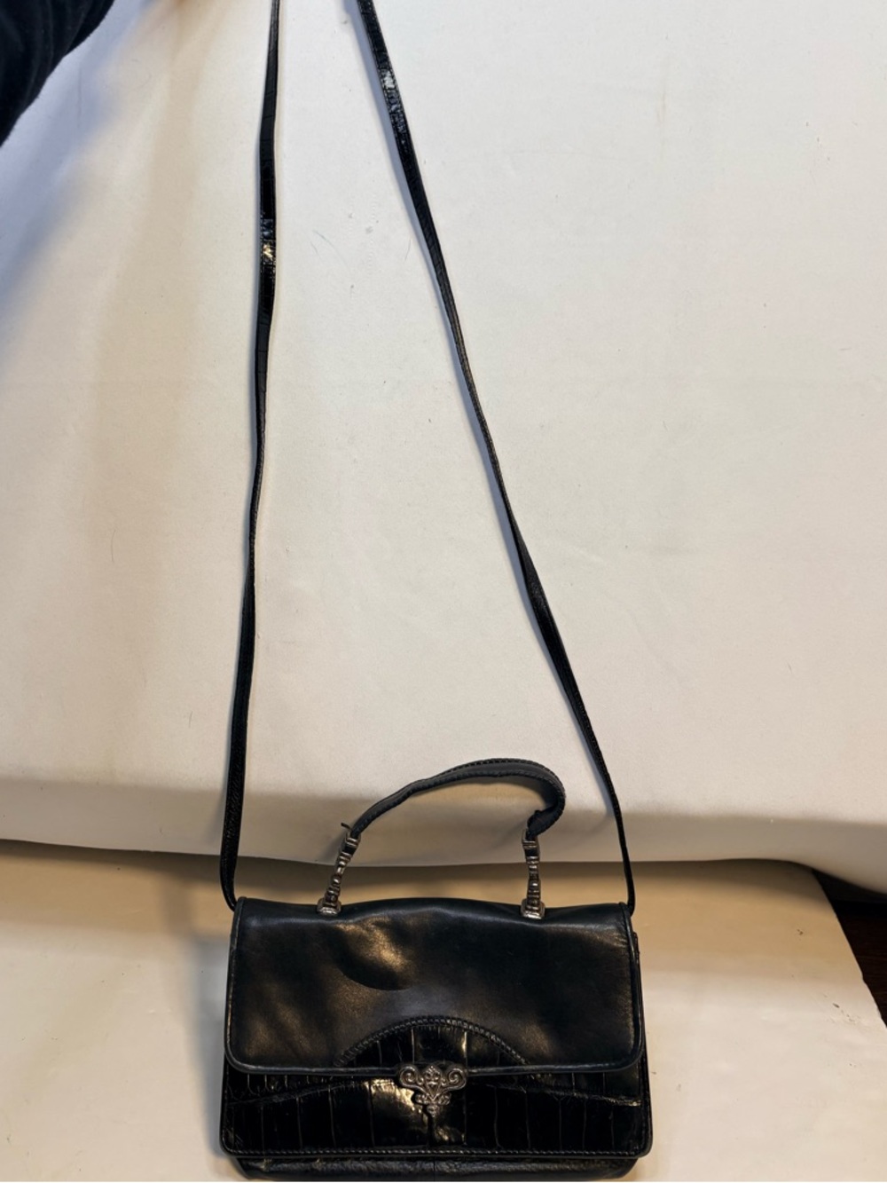 Brighton Black Leather Crossbody Top-Handle Bag crocodile embossed